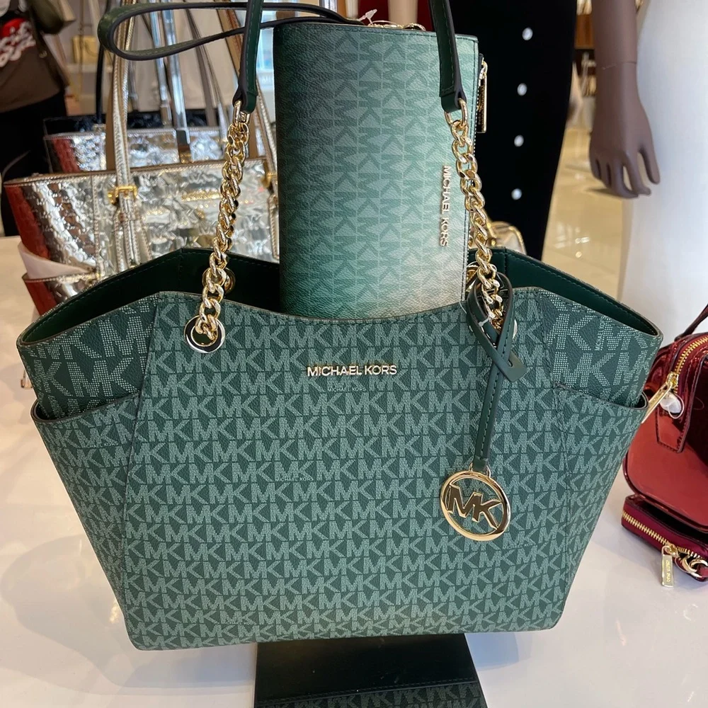 MICHAEL KORS JST Lg Chain Shoulder Tote & Double Zip Wristlet Wallet 
Moss 
NWT - Picture 4 of 16